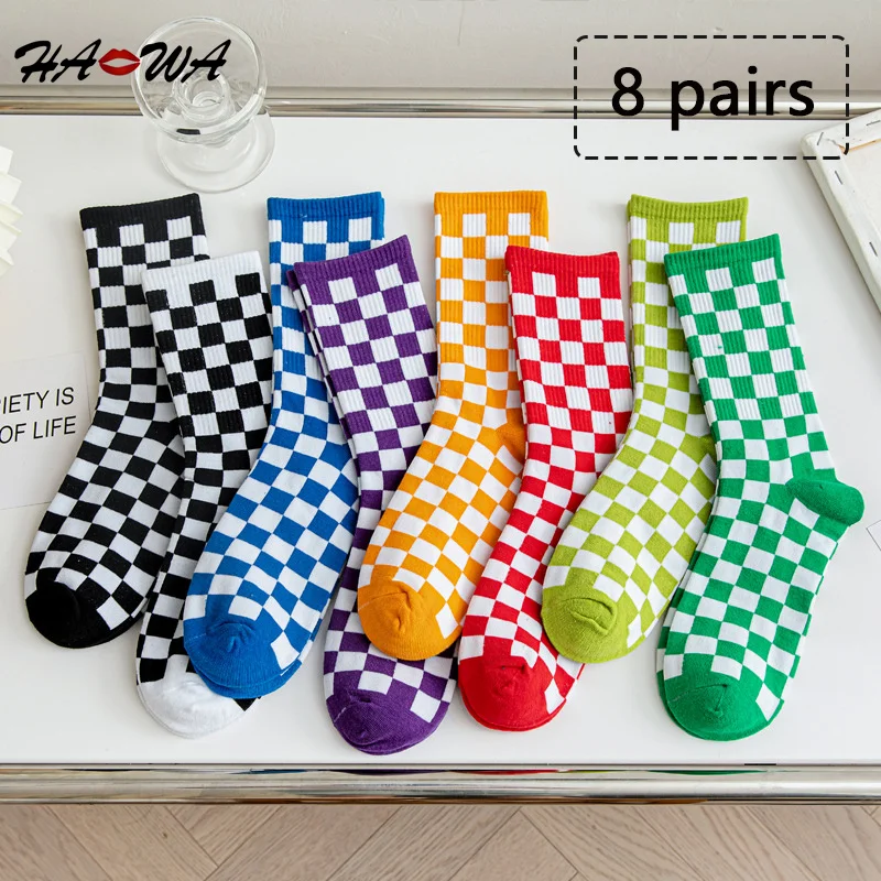 

HA WA 8Pairs/Lot Checkerboard Women Socks Geometric Checkered Socks Men Hip Hop Cotton Unisex Streetwear Novelty Socks