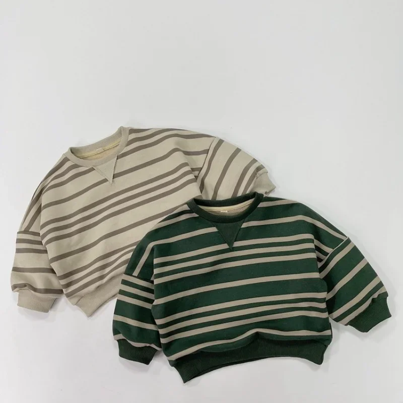 

1-6Y Kids Boys Girls Casual Loose Pullover Outerwear 2025 Autumn Toddler Children Top Cotton Striped Long Sleeve Sweatshirt