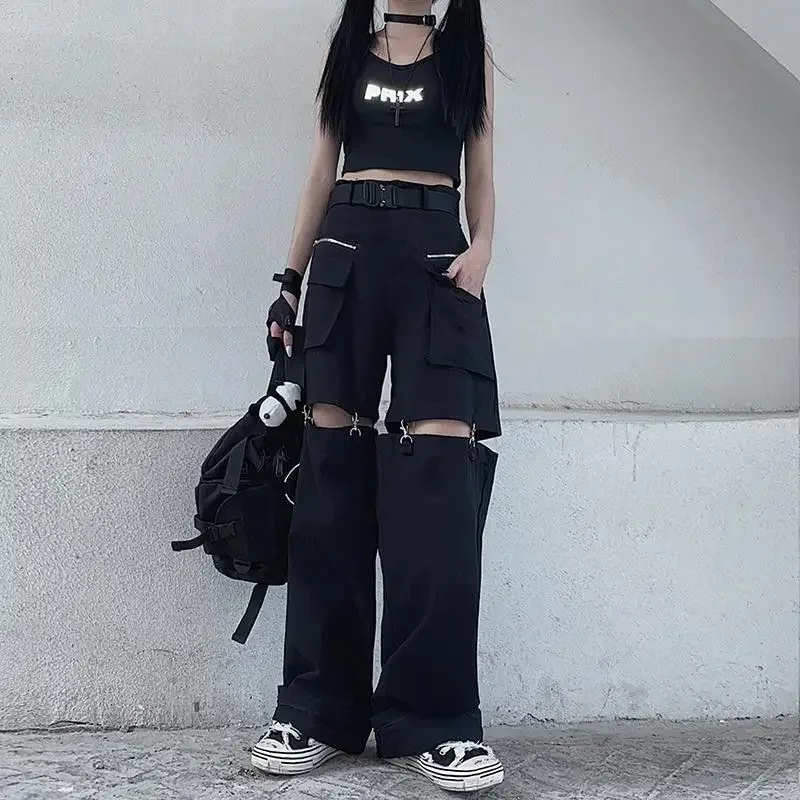 New Fashion Black Pants Women 2025 Detachable Casual Korean Cargo Wide Leg Pants Woman