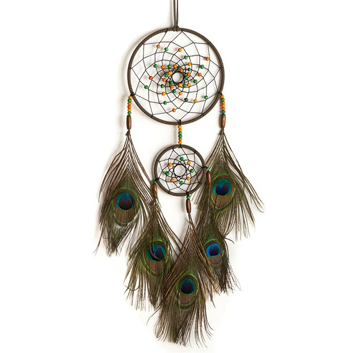 Handmade DreamCatcher Double Ring Circular Net Peacock Feather Wind Chimes Car Interior Pendant Home Room