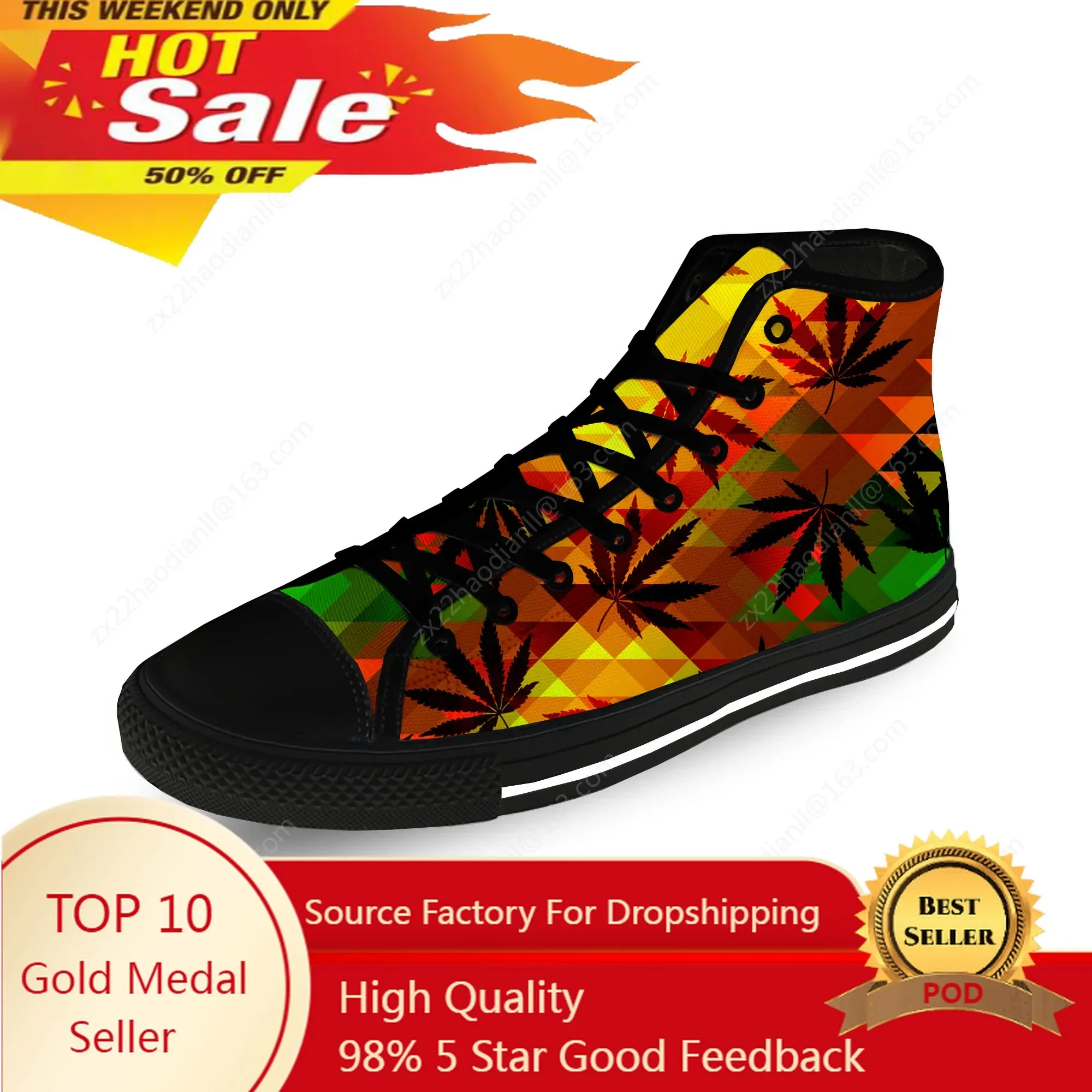 Reggae Rasta Leaf Pattern Cool Casual Cloth Fashion 3D Print High Top Canvas Shoes Men Women Lightweight Breathable Sneakers