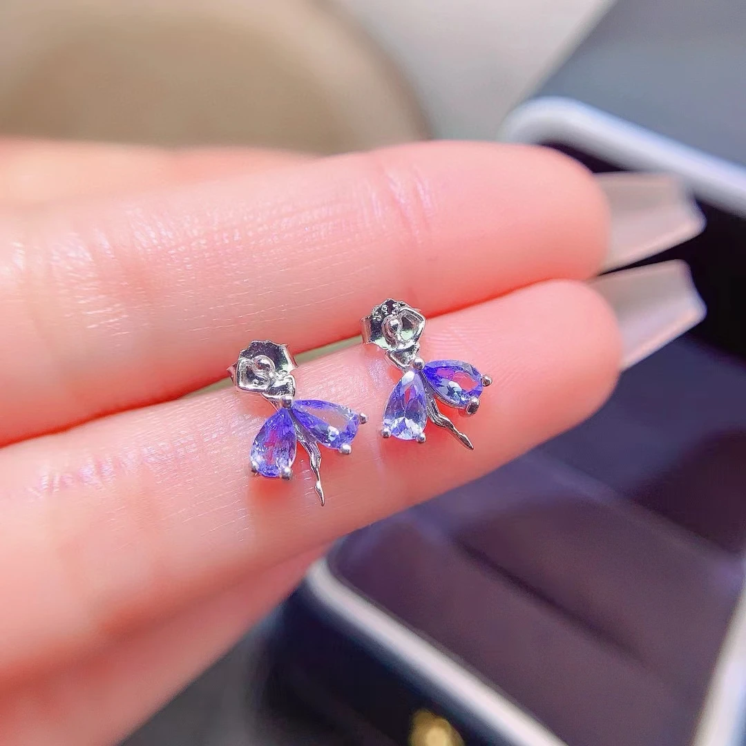 Cute Silver Fairy Stud Earrings 3mm*5mm Total 0.4ct Natural Tanzanite Earrings 925 Silver Tanzanite Jewelry with Gold Plated