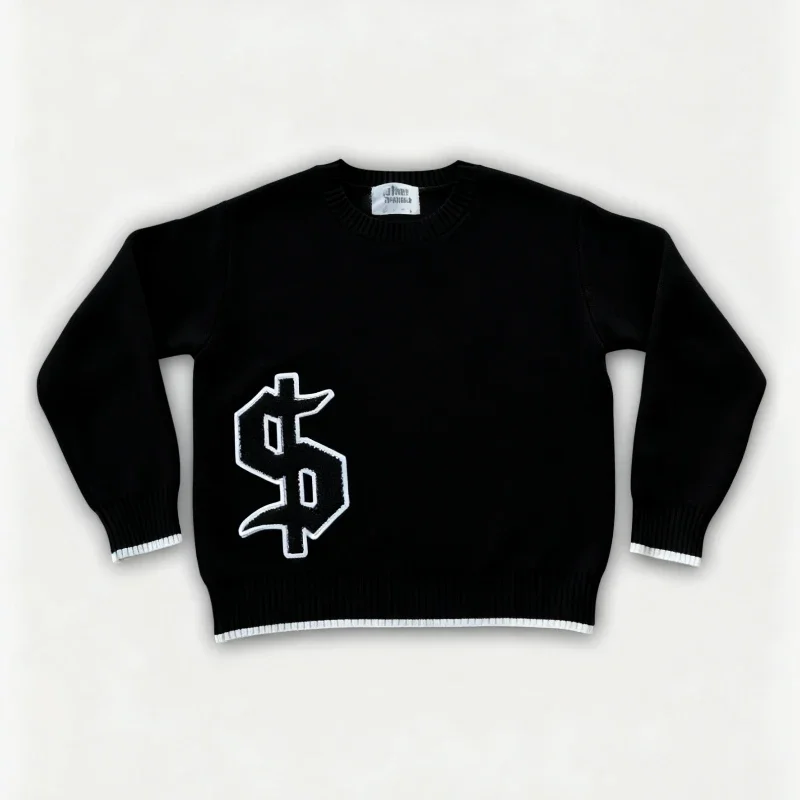 Dollar Graphics Embroidered Black Knit Loose Sweater Fashionable Letter Style Unisex Gothic Hip Hop Y2K Retro Round Neck Sweater