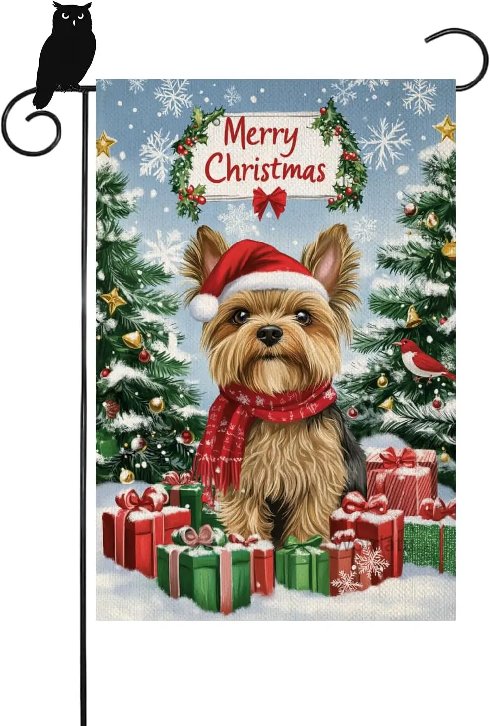 Merry Christmas Yorkie Garden Flag for Outside 12x18 Inch Santa Hat Small Burlap Yard Flags Outdoor Home Farmhouse Front Por AAO