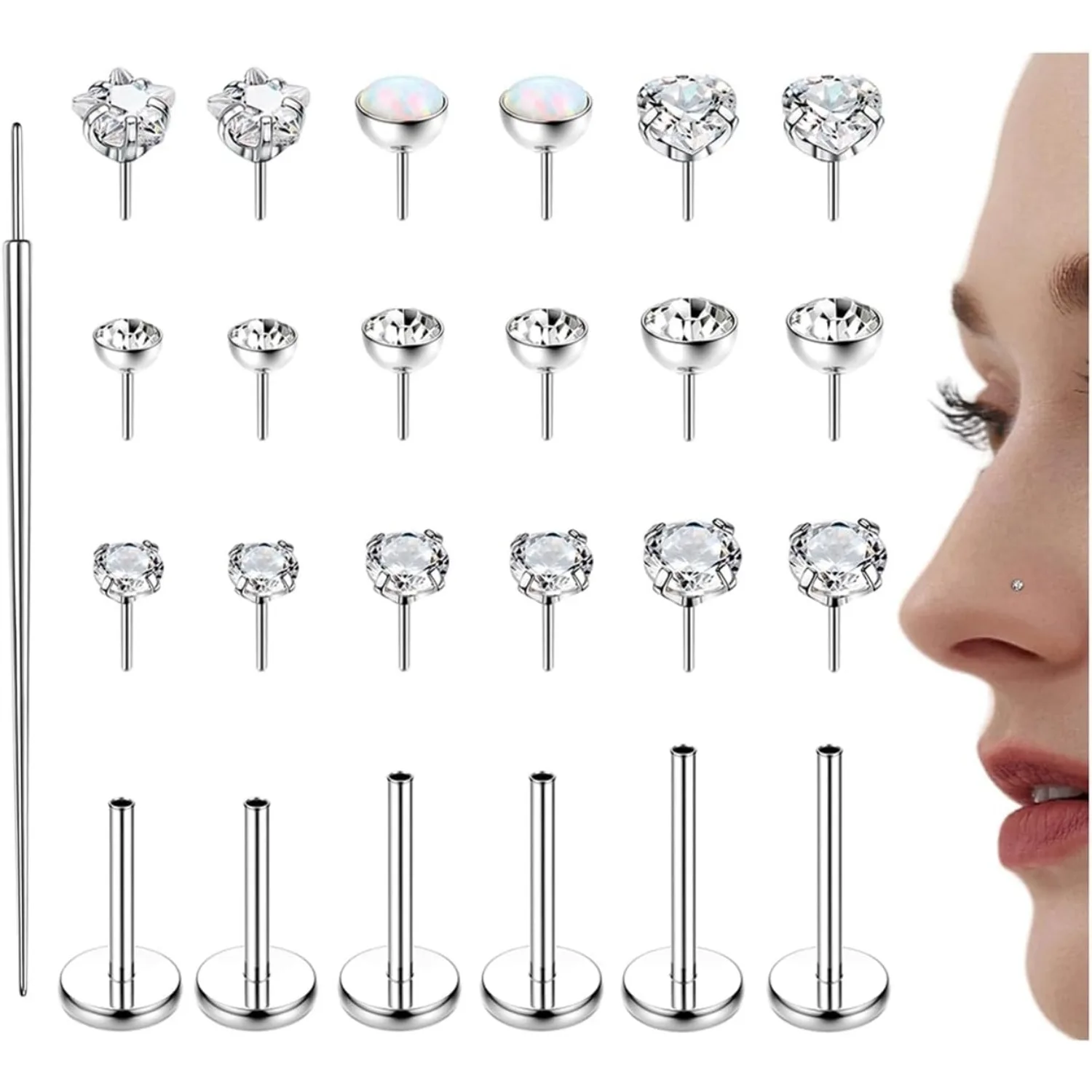 

Drperfect Threadless Nose Studs for Women Men 316L Stainless Steel Opal CZ Flat Back Lip Rings Nose Ring Nostril Piecing Jewelry