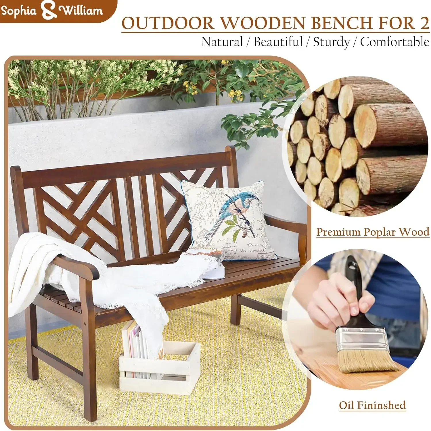 

Outdoor Bench Garden Bench Wood 47", Patio Dining Bench Weatherproof with Back, Wooden Park Front Porch Benches for Outside