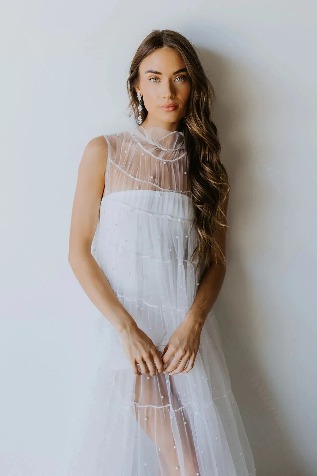 Sheer Ruffle Wedding Cape With Chic High Collar Studded With Beautiful Pearls Loose Outfit  DJ152