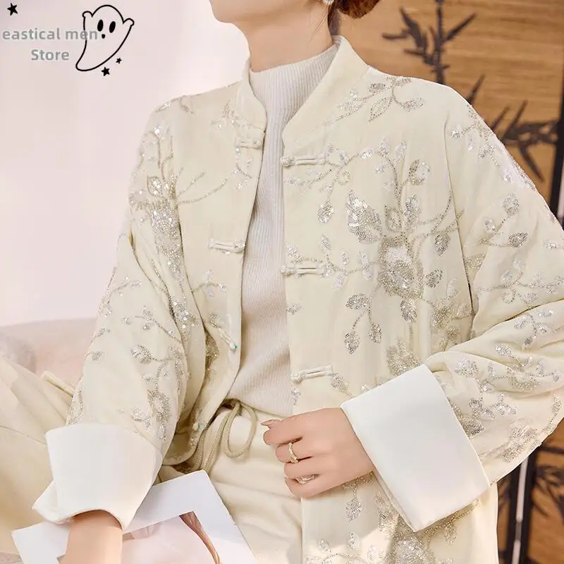 

Elegant Cotton Embroider Glitter Flower Tang Clothes Thick Long Sleeve Tops Women Hanfu Costume Luxury New Year Gift Jacket