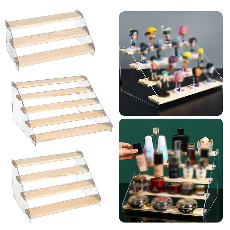 3-5 Tier Acrylic Transparent Base Solid Wood Display Stand Stepped Toys Models Cosmetics Skin Care Products Display Stand