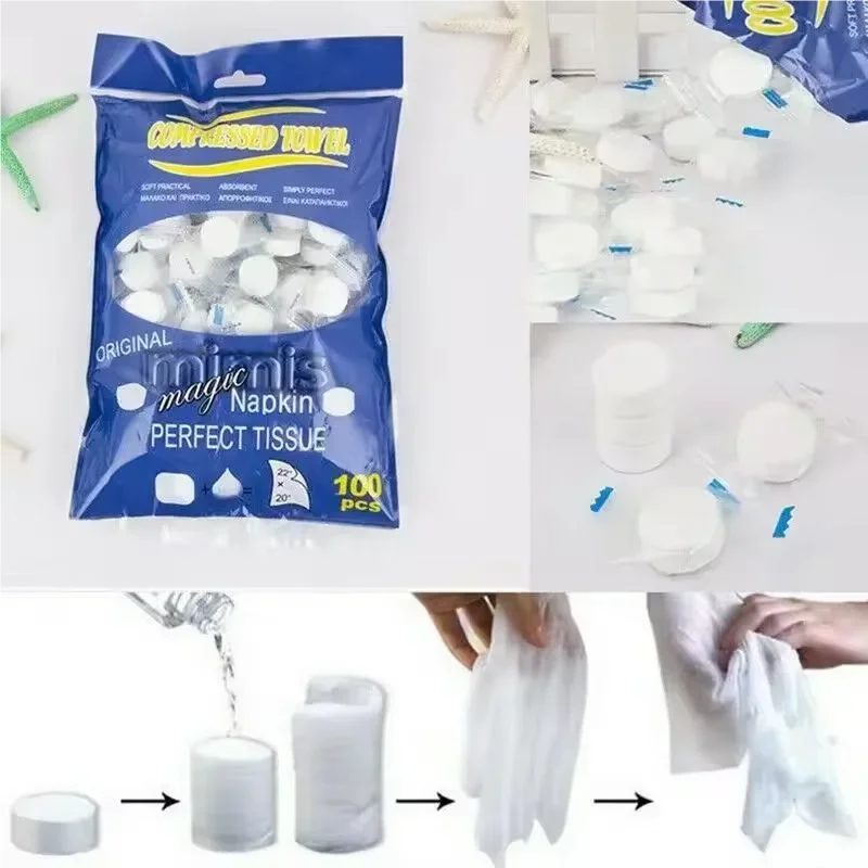 100pcs Portable Compressed Wet Wipes Magic Towel Coin Tissues Disposable Face Napkin Paper for Travel Makeup Removal