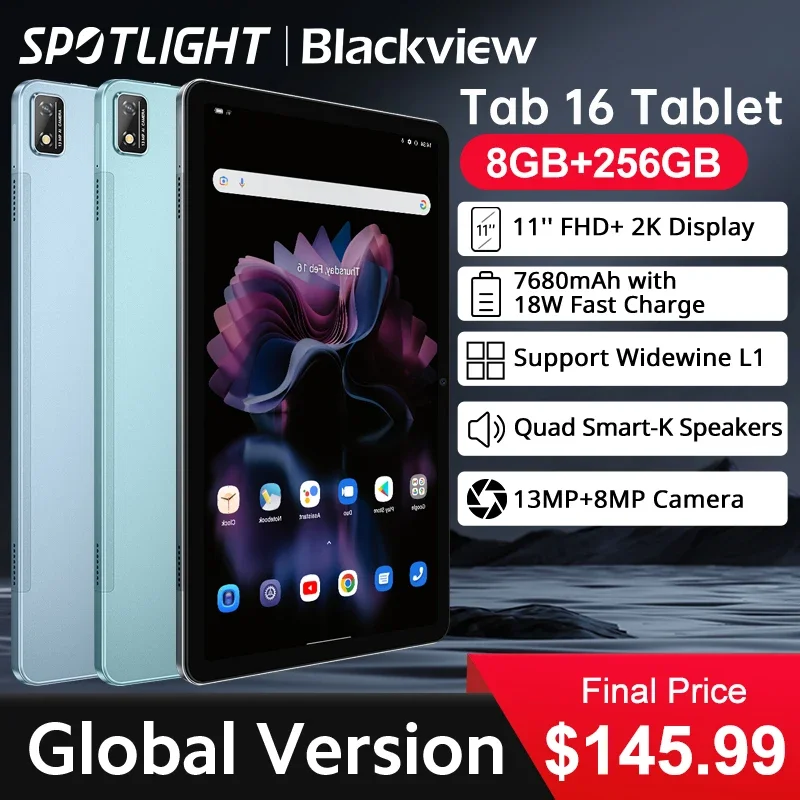 ?World Premiere?Blackview Tab 16 Tablet Android 8GB+256GB 11''2k FHD+ Display 7680 mAh Battery Widevine L1 Unisoc T616 Tablet PC