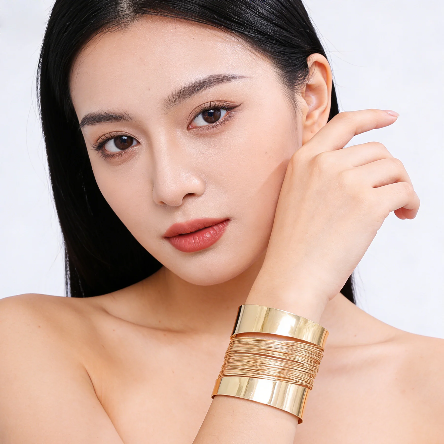  Gold Open Hand Bracelet Multi-Layer Metal Wide Version Wrap around Arm Ring Fashionable Elegant Women's Jewelry
