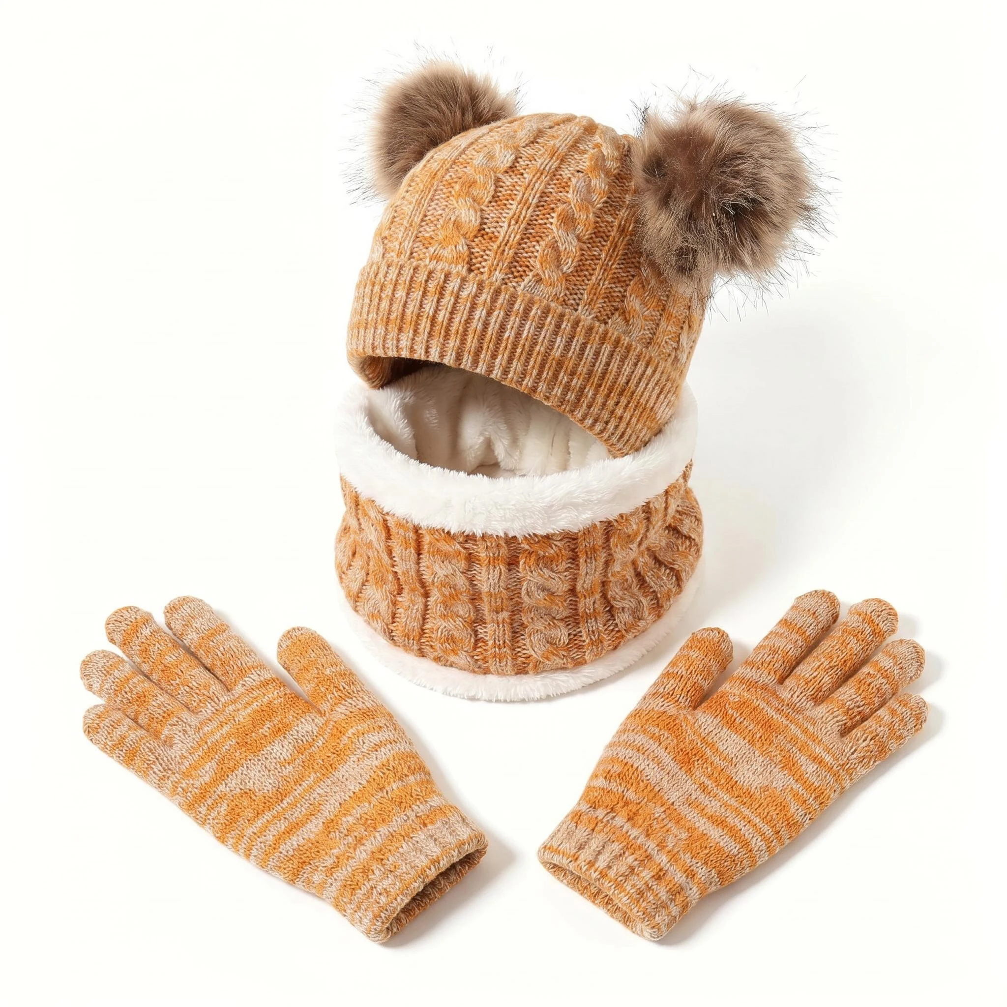 Set di 3 pezzi in stile retrò per bambini: cappello invernale a doppia palla, sciarpa e guanti in maglia.