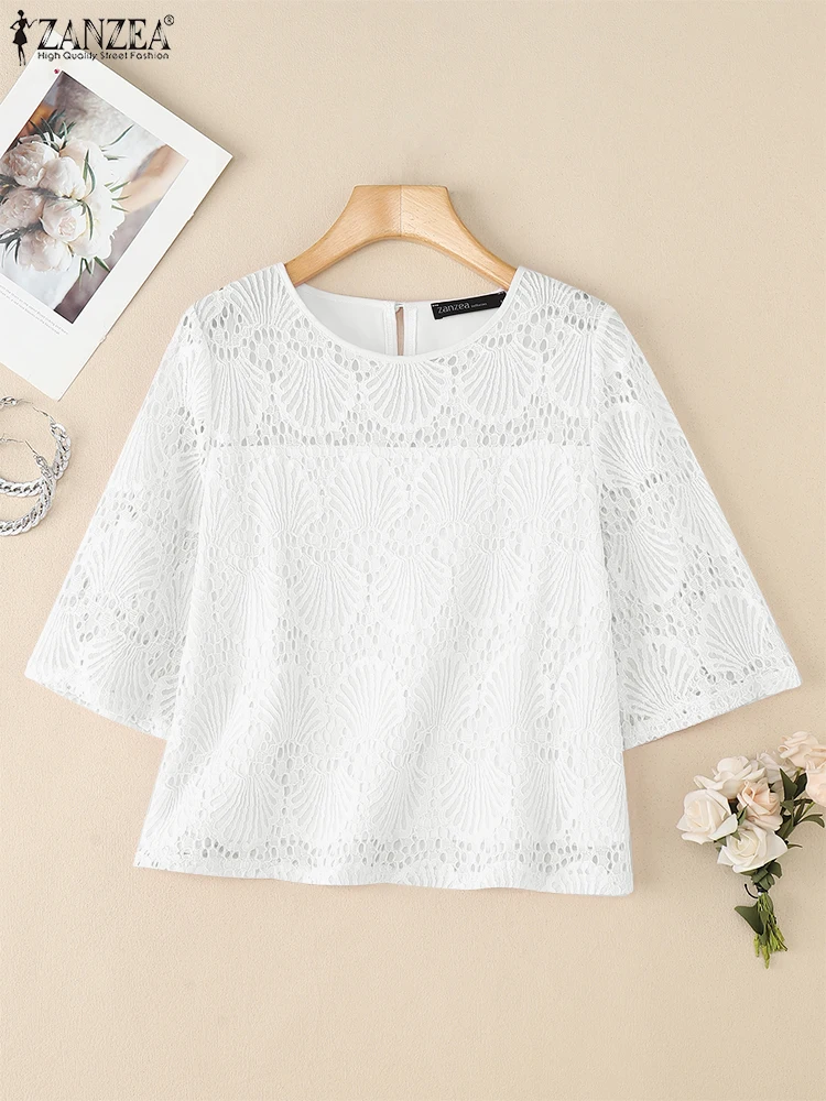 

2025 ZANZEA Summer Lace Crochet Blouses Stylish Women Embroidered Tops Holiday Shirts Elegant Half Sleeve Patchwork Work Blusas