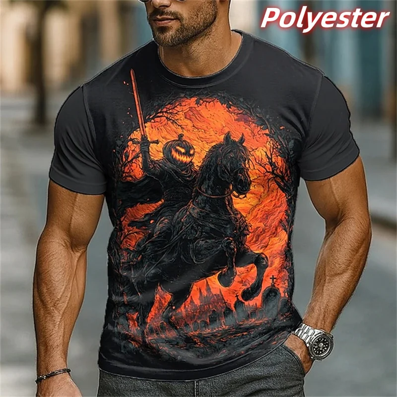 Adult Men's T-shirt - Pumpkin Headless Knight 3D Pattern - Loose and Quick-Drying Streetwear Top with Round Neck for Summer