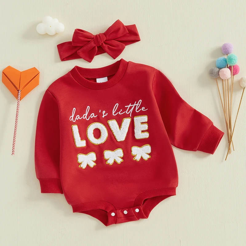 Baby Girls Sweatshirts Rompers Valentine s Day Clothes Bowknot Letter Embroidery Long Sleeve Spring Bodysuits with Headband