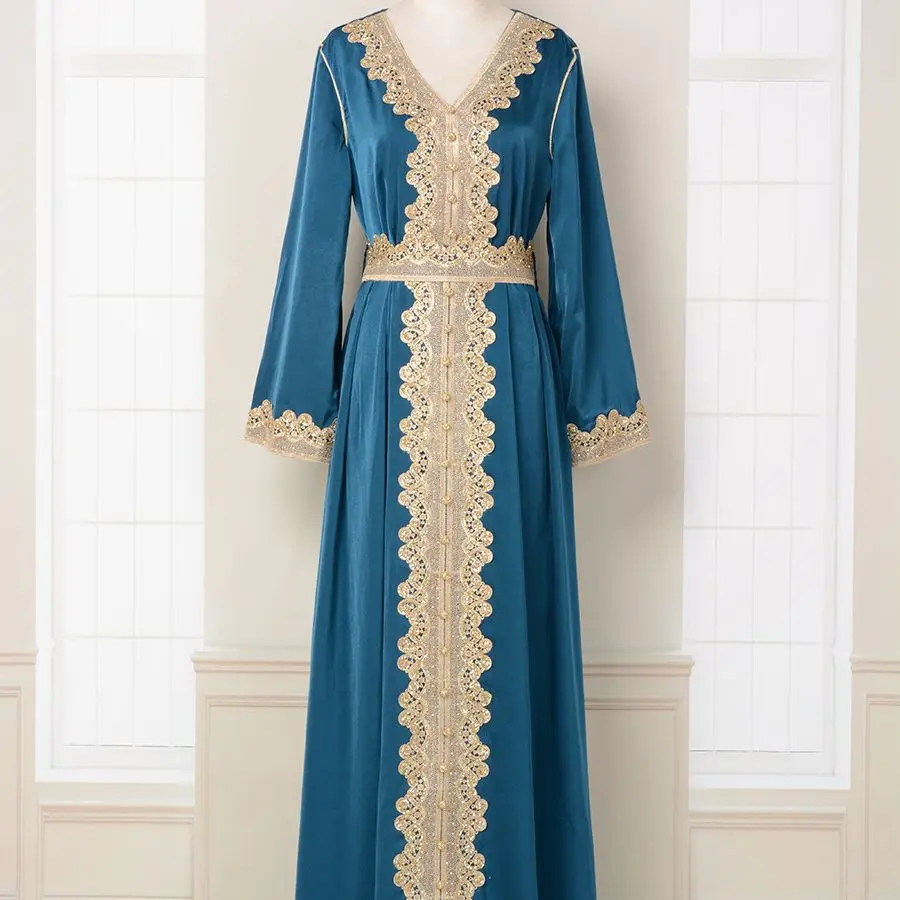 Women Abaya Embroidered Lace Fashion V-neck Dress Belt Green/blue Long Skirt