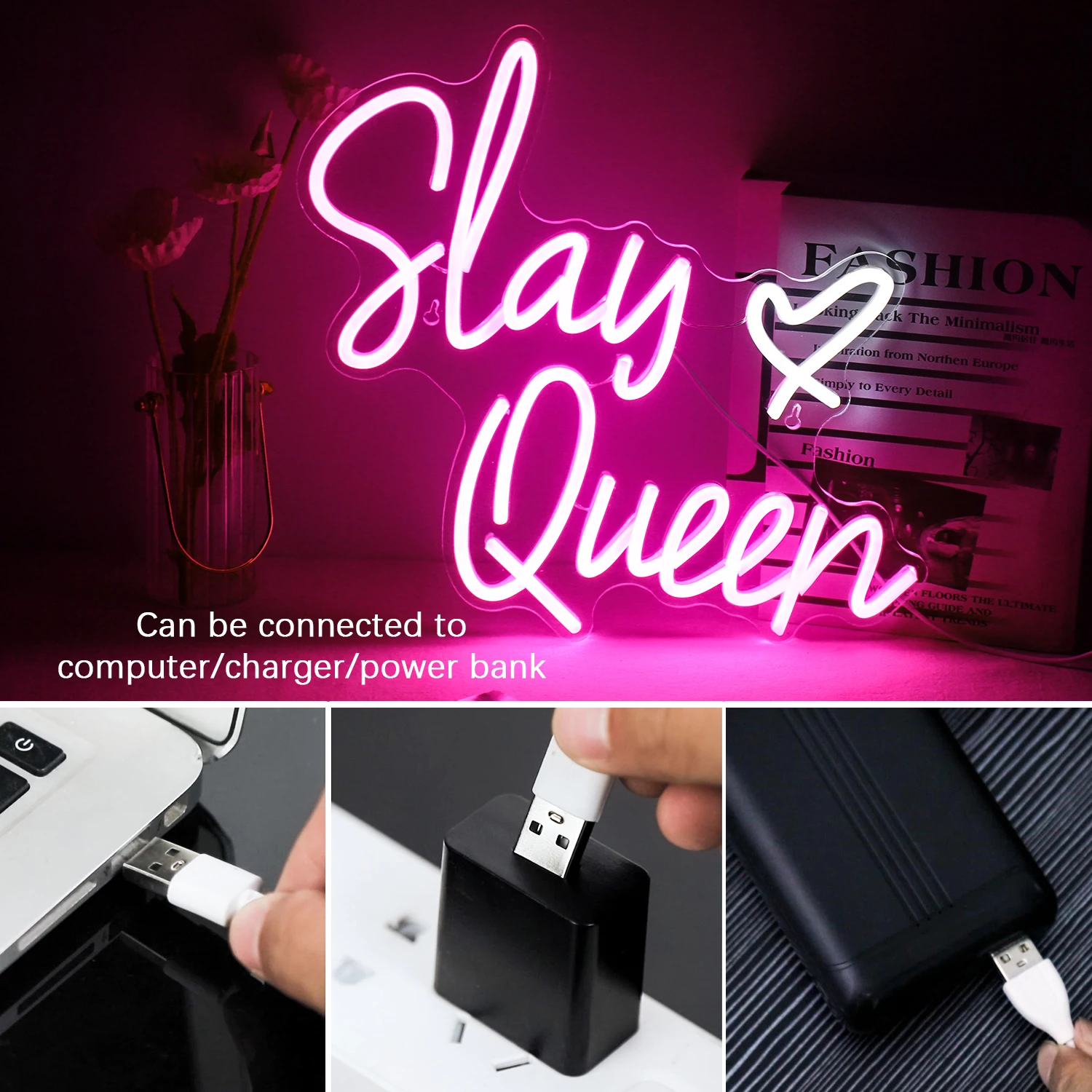 Slay Queen LED Neon Sign Cool Personalized Handmade Neon Light for Party Bedroom Club Store Decoration Neon USB Powered Light