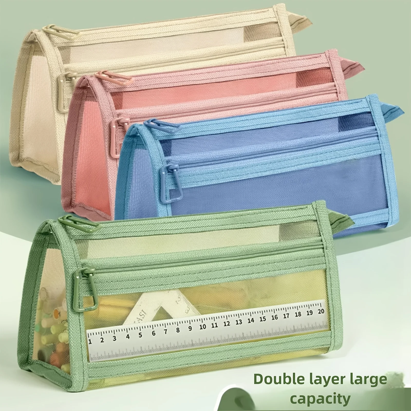 Desk Storage Morandi Grid Mesh Pencil Case with Handle and Zipper Clear Double-layer Pencil Pouch Marker Pouch, Travel