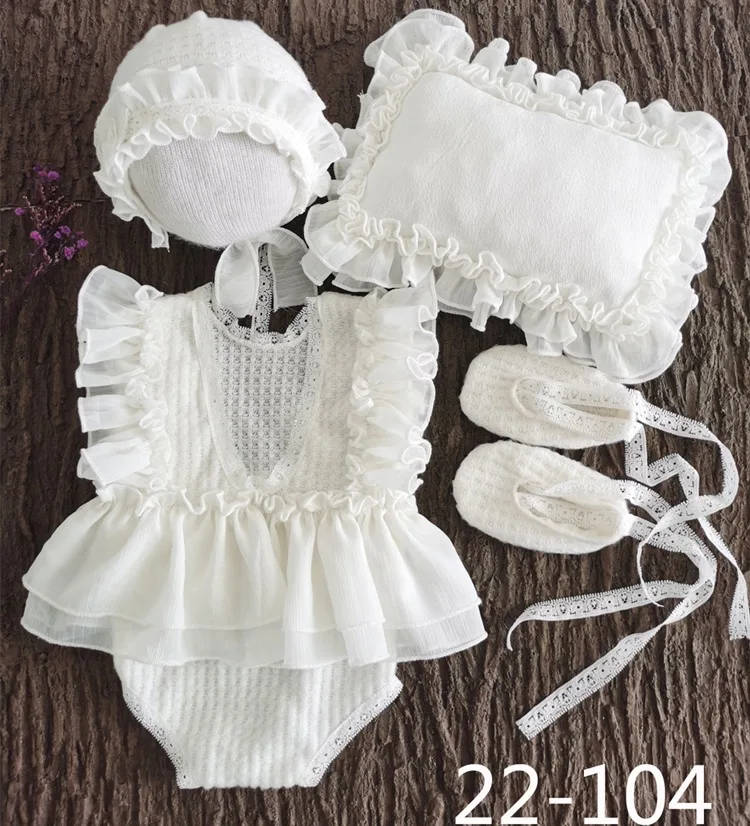 4PCS Newborn Photography Props Girl Boy Mesh Romper Hat Shoes Set Baby Photo Lace Floral Outfits Fotografia Accessories Costume