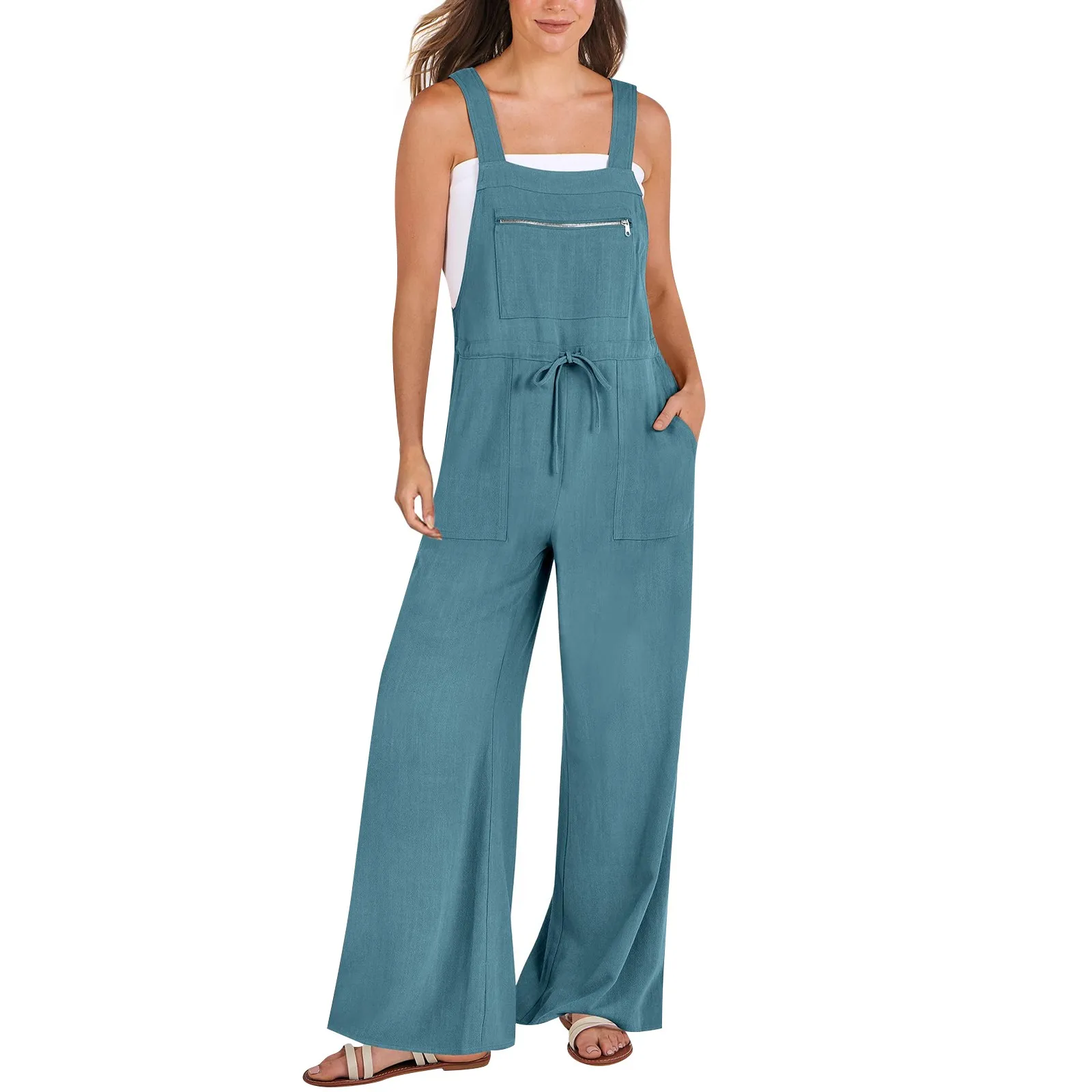 女性のカーゴスタイルのジャンプスーツ、ルーズノースリーブジャンプスーツ、調節可能なタイストラップ、よだれかけワイドレッグロンパース、ドローストリングウエストオーバーオール、ポケット