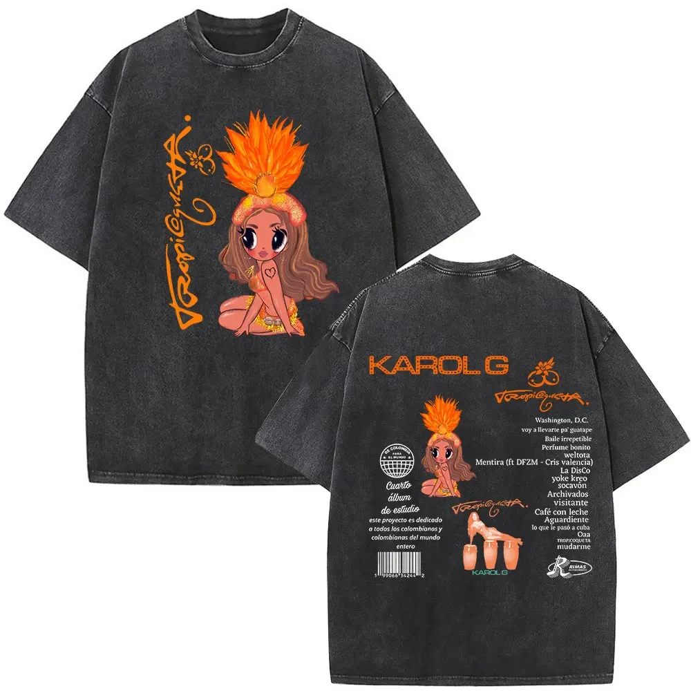 محدودة Karol G Tropicoqueta 2025 جولة المشجعين هدية تي شيرت الرجال النساء عالية الجودة موضة Harajuku تي شيرت خمر غسلها تي شيرت
