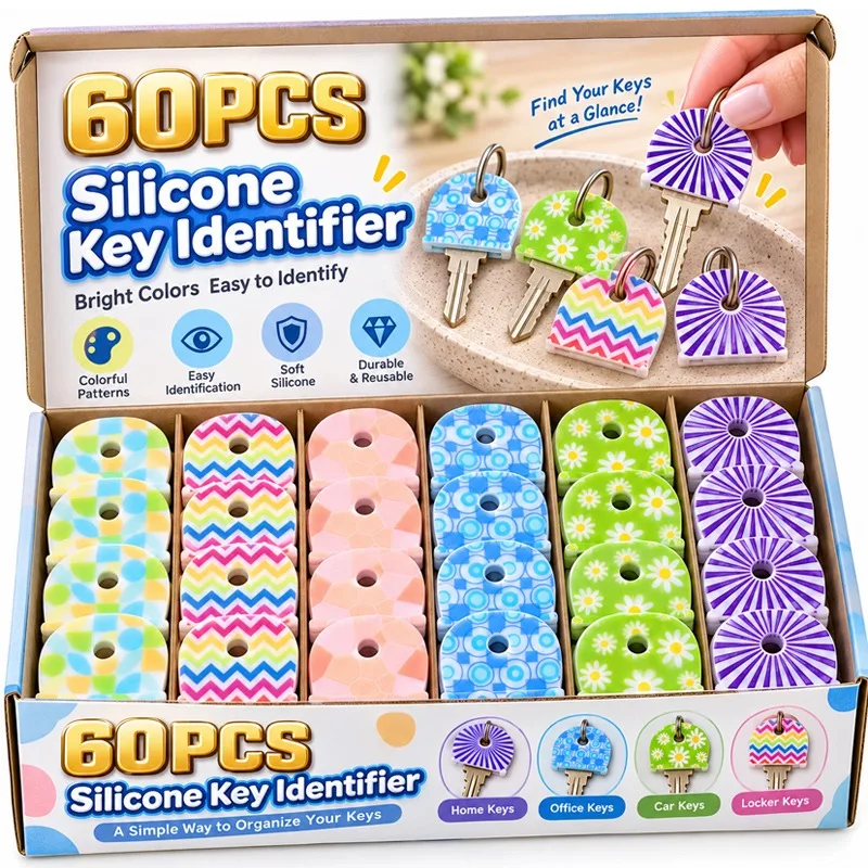6-60pcs Silicone Key Identifier Colorful Round Flower Pattern Key Marker Tags Caps Non Slip Key Protective Cover Holders