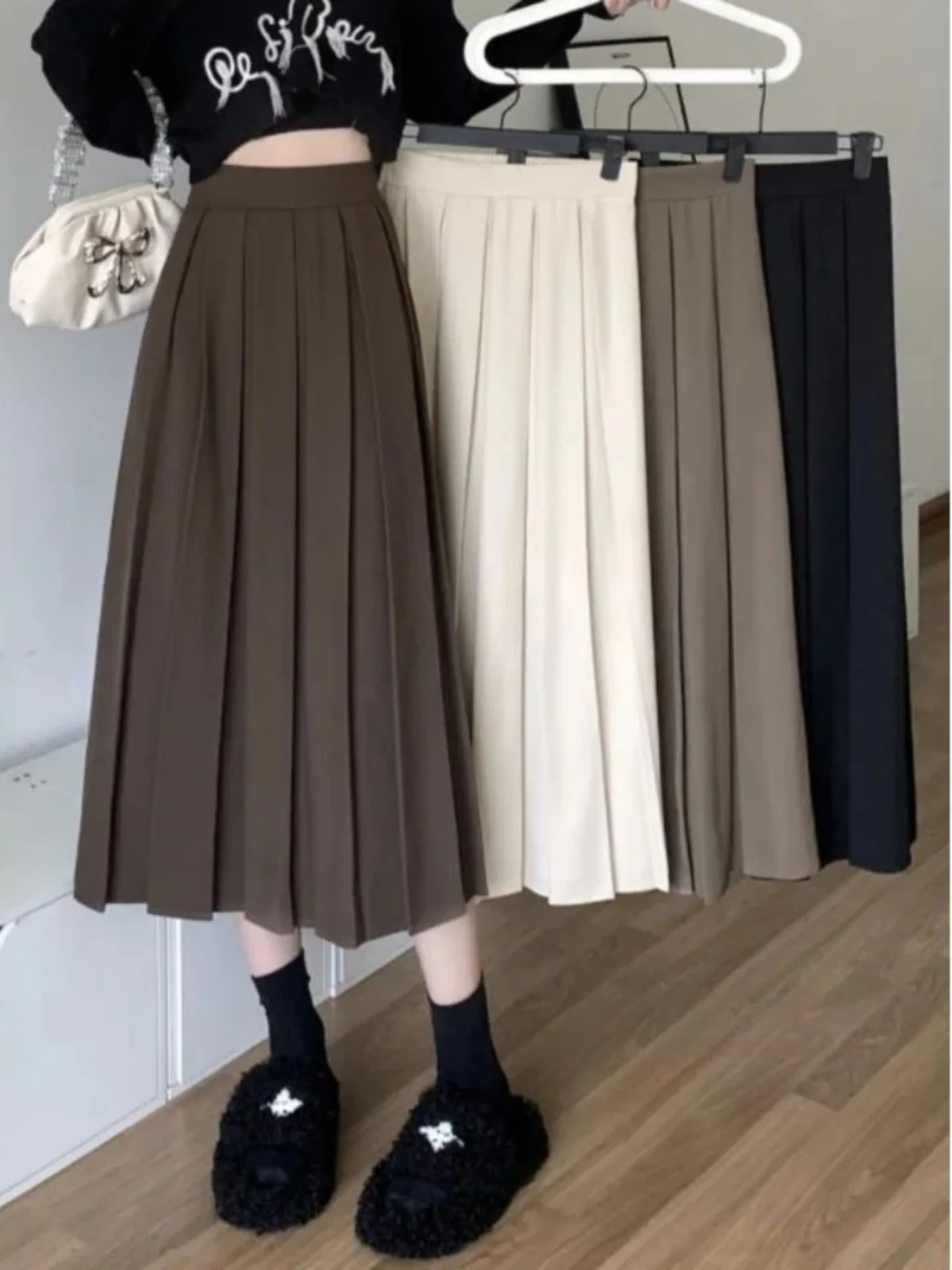 

High Waist Pleated Long Skirt Pure Color A-Line Midi Skirt Women's Spring Summer Faion High Waist Folded Long Dr