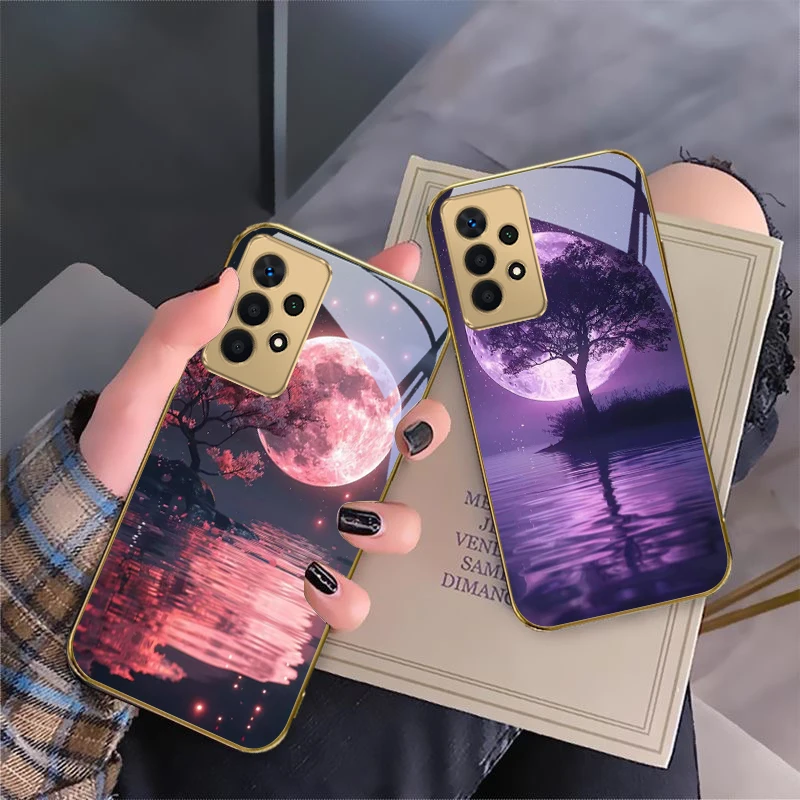 

The Moon and the Tree For Samsung A 01 52S A04 A05S A10 A12 A13 22 23 24 36 42 M02 Note 10 20Ultra 8 9 Golden glass phone case