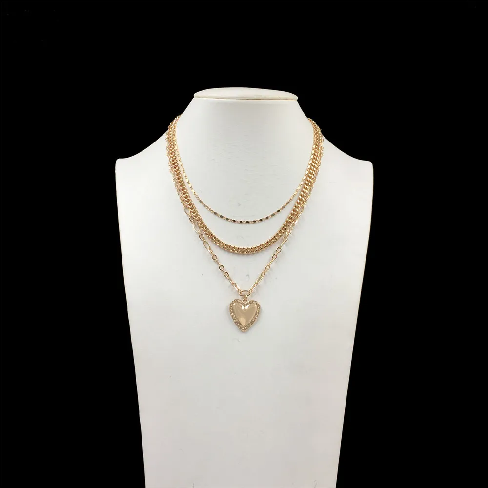 Vintage Women Party Fashion Multi Layer Love Heart Pendant Necklace Three Style Chain Layered Necklace