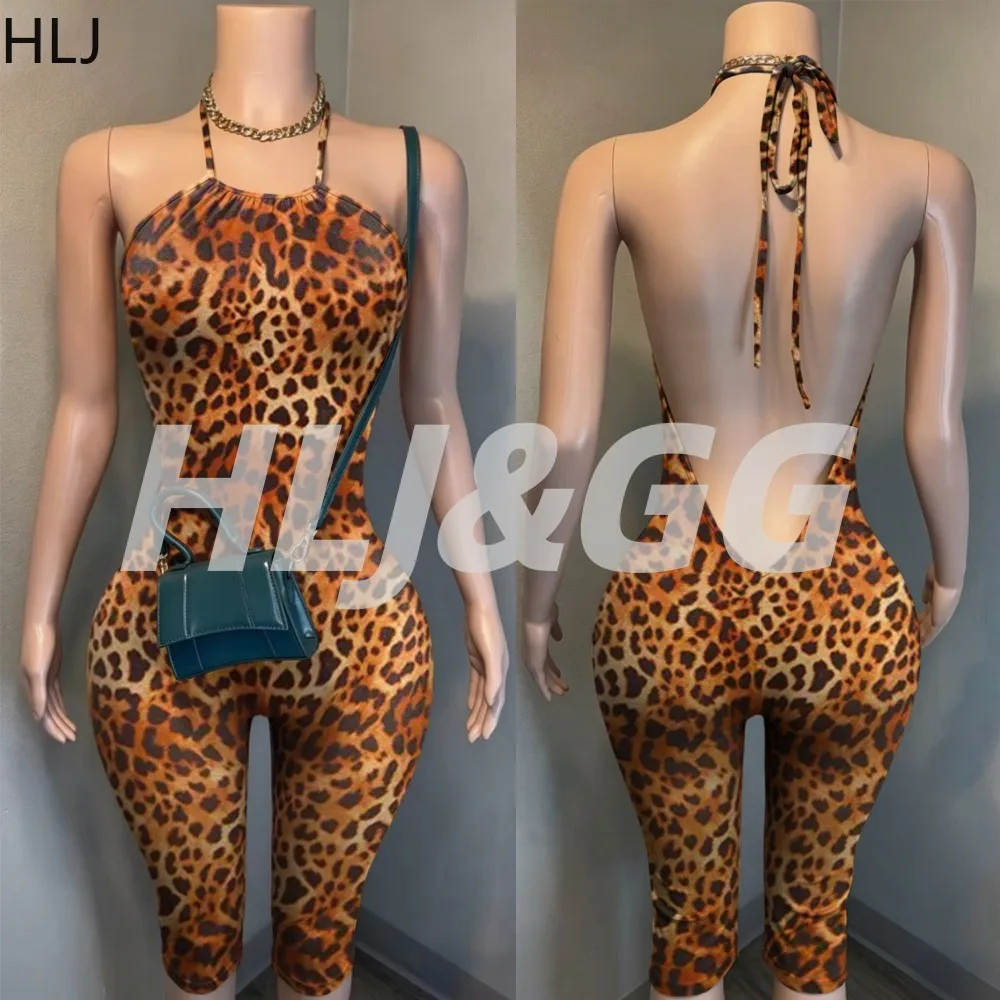 HLJ Fashion Leopard Print Bodycon Jumpsuits for Women Halter Sleeveless Backless Rompers Female Streetwear Elasticity Overalls