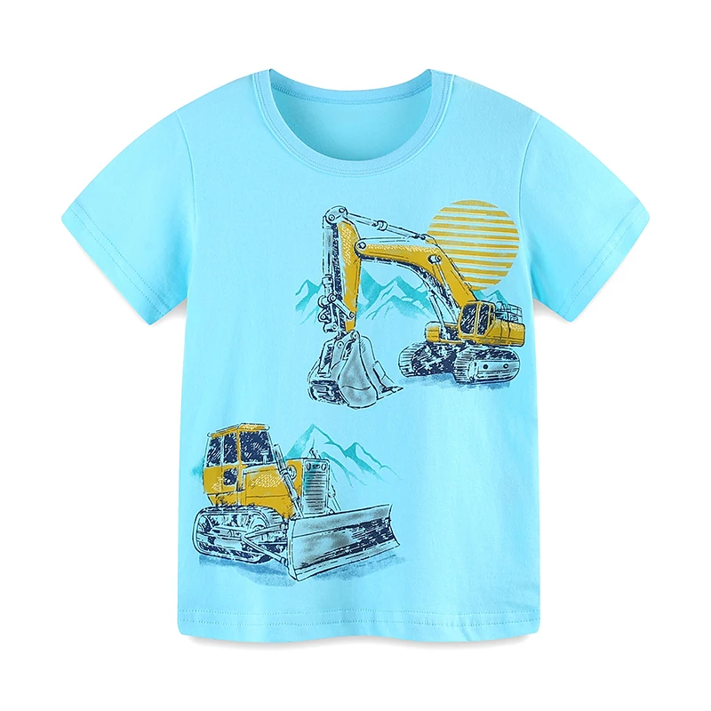 One Piece Summer Boy T-Shirt With European And American Style Knitted Cotton Cartoon Excavator Print Casual Top 2-7Y