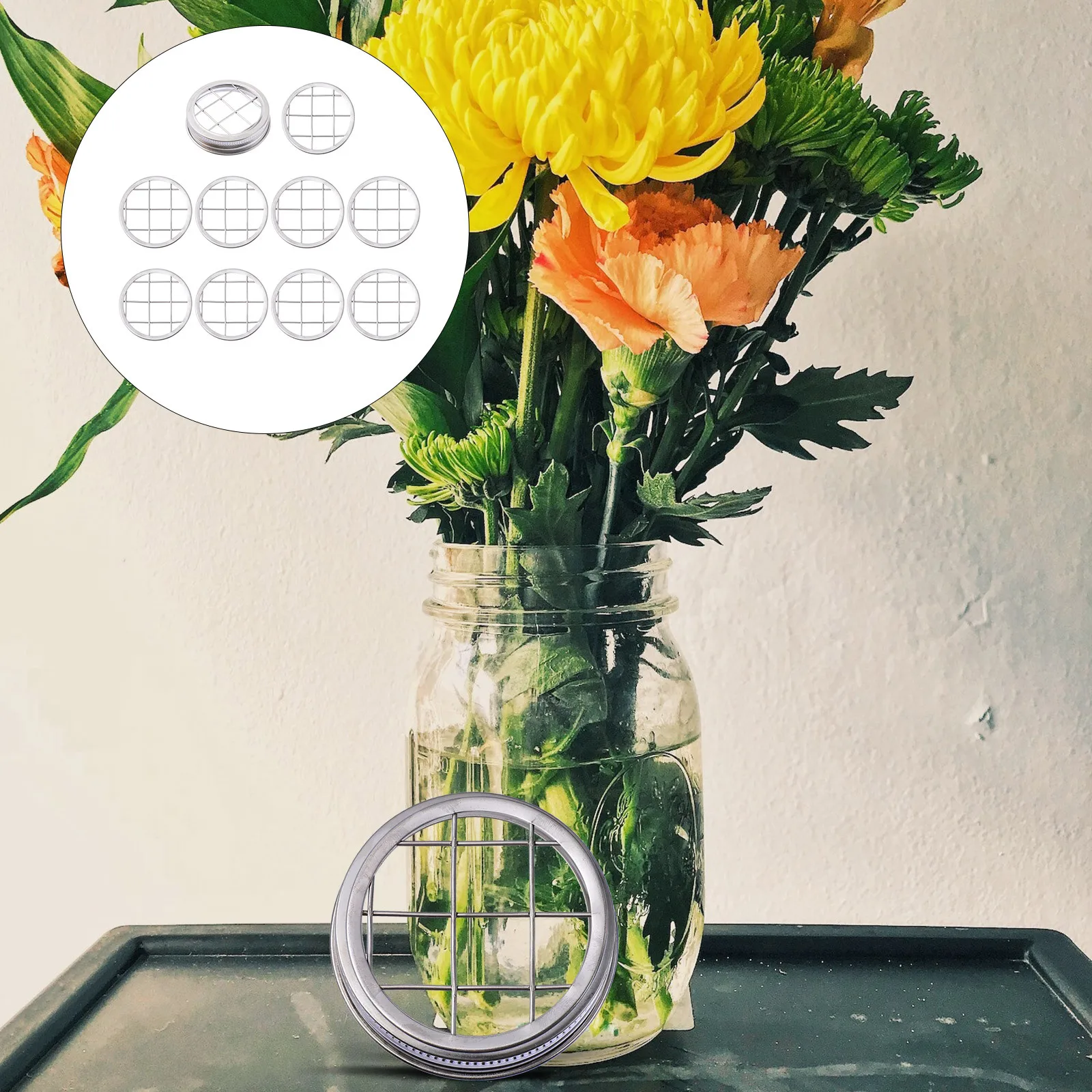 

11Pcs Stainless Steel Flower Jar Lids Mason Canning Mesh Lid Organizer Jar Caps Stainless Steel Lids Bottle Supply