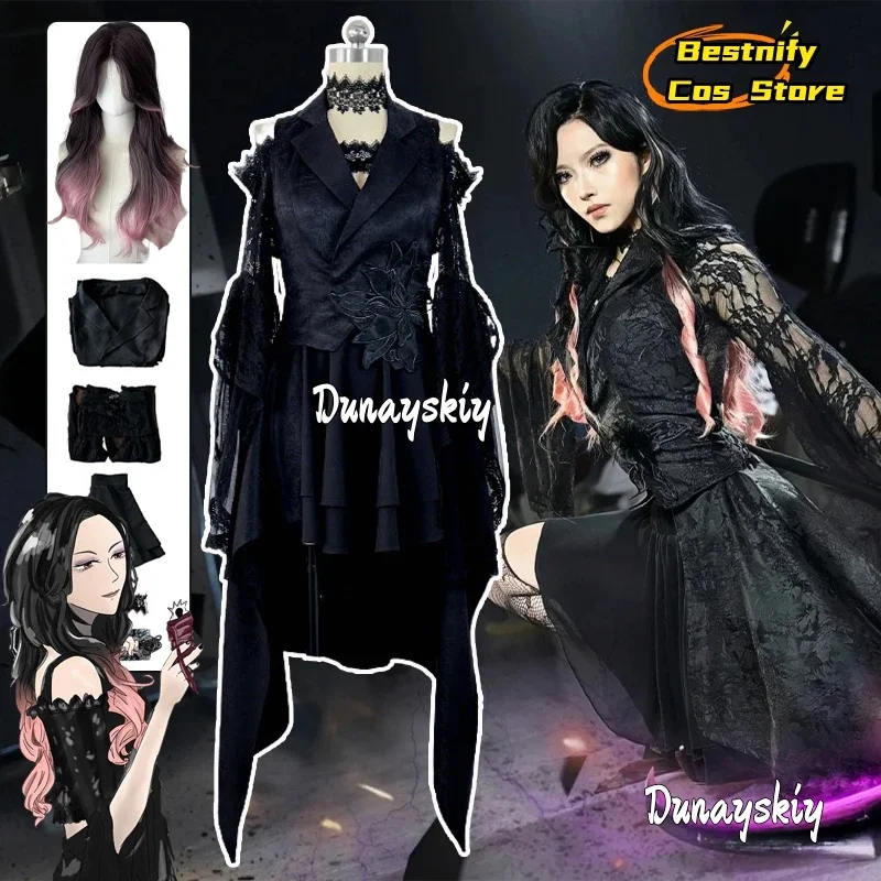 

CosplayRider Cosplay Glotta Stomach Black Women's Dresses Costume Gothic Fancy Lace Dress Anime Role-play Outfits Wig Shoe Prop