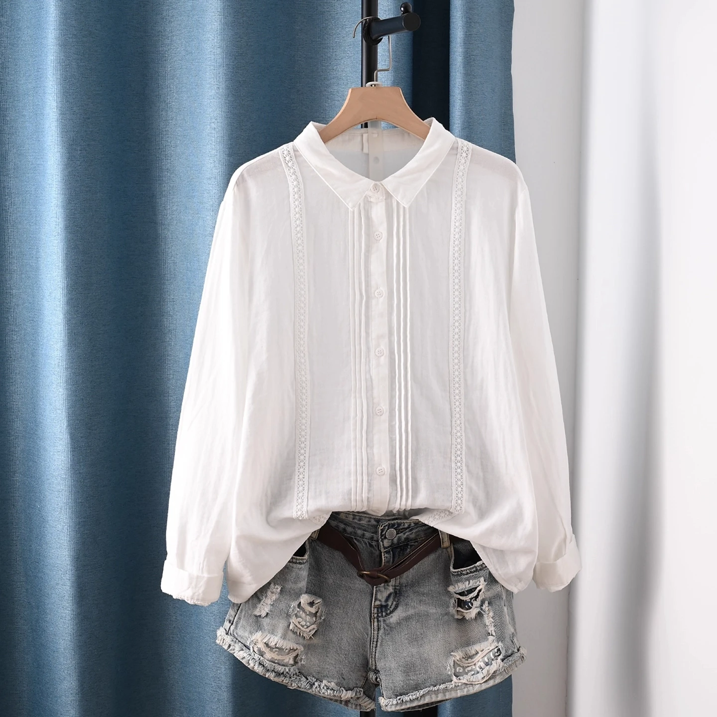 

Enianechu Autumn Clothes Korea Ladies Autumn Pure Cotton Shirts Navy Blue White Pleated Formal Shirts and Blouses
