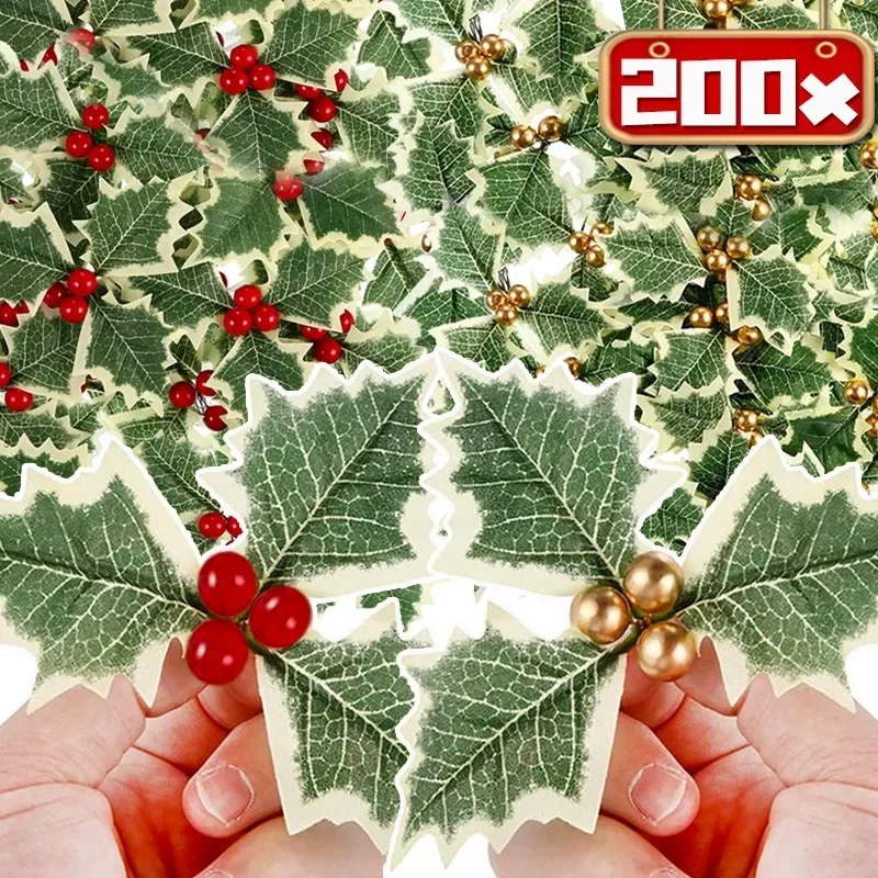 10/200PCS Artificial Holly Berry Leaves Gold Red Berries Fake Plants Decors DIY Xmas Tree Wreath Ornaments Home Party Decoration