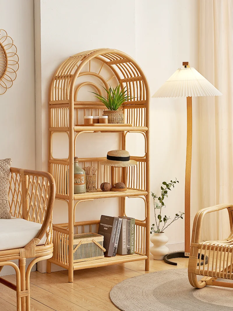 

Rattan Woven Bookshelf Southeast Asia Rattan Art Floor-to-ceiling Shelving Household Rattan Shoe Rack Storage Shelf