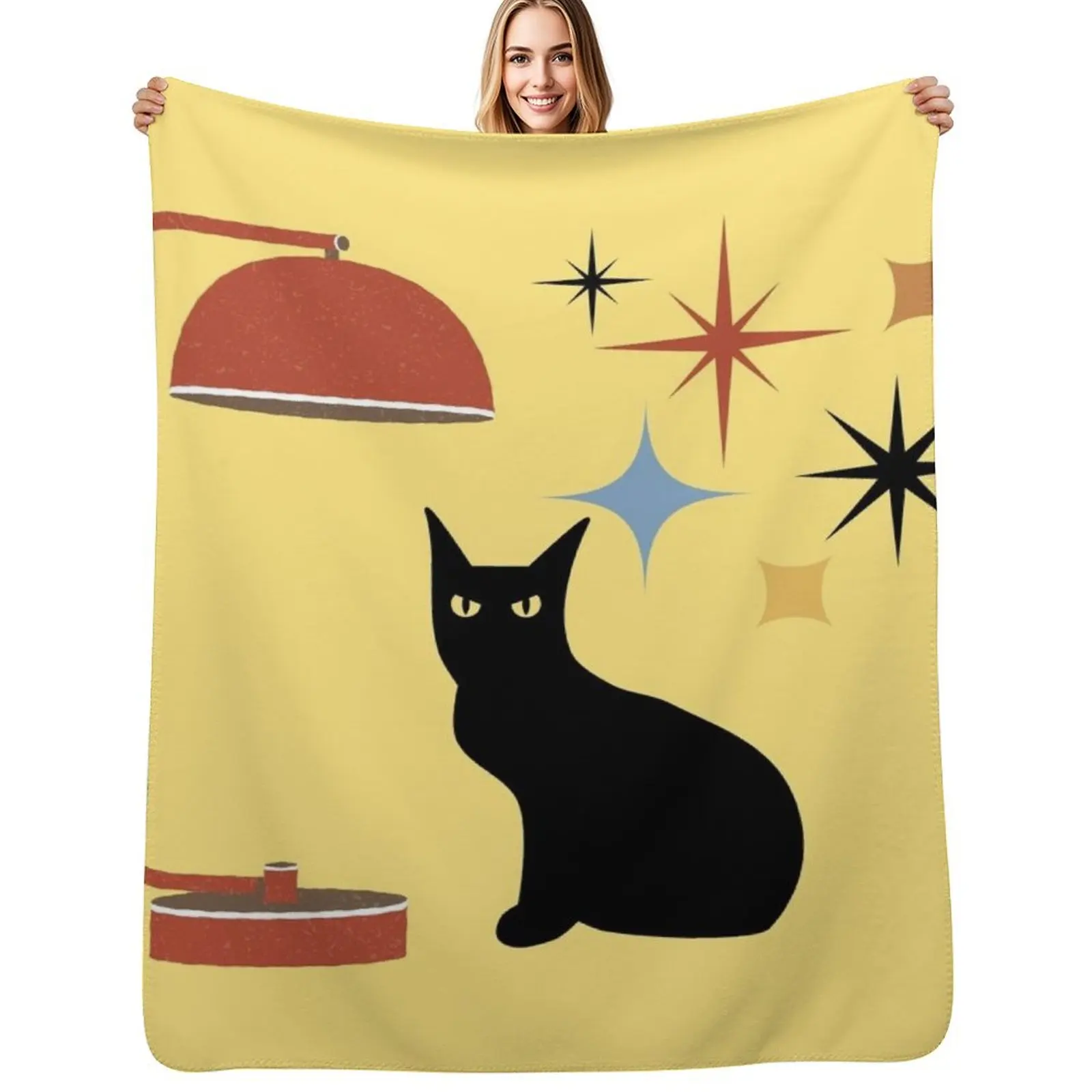 Retro Mid Century Atomic Black Cat, Mid century cat,retro atomic cats, Throw Blanket Warm Plush Fuzzy Blanket for Living Room