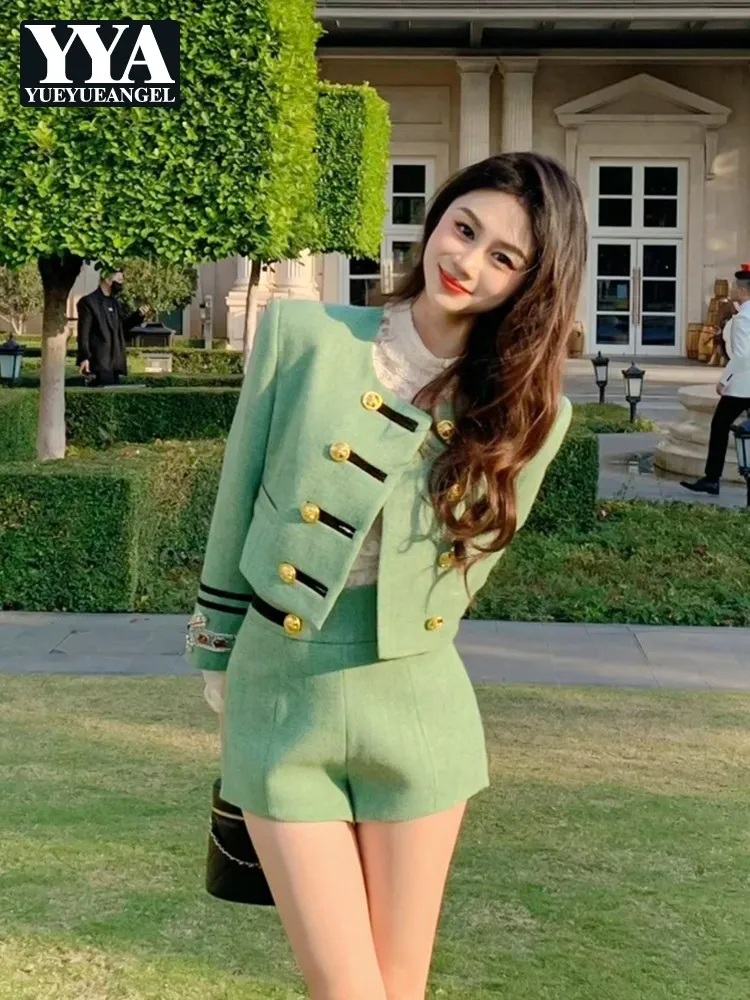 Conjunto de Chaqueta Corta de Lana Cruzada y Pantalones Cortos Retro Francés para Mujer, Cuello Redondo, Manga Larga, Verde, con Detalles de Diamantes