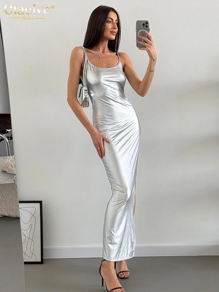 

Clacive Sexy Slim Silver Women's Dress 2025 Summer Strap Sleeveless Ankle Length Dresses Elegant Classic Slit Party Dress Female