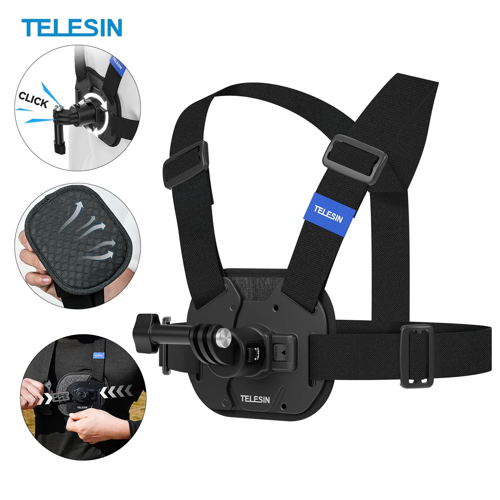 TELESIN Quick-Release Chest Strap Mount for GoPro Hero 13 12 11 10 9 8 7 Insta360 SJCAM DJI OSMO Action 5 4 3 Chest Belt Mount