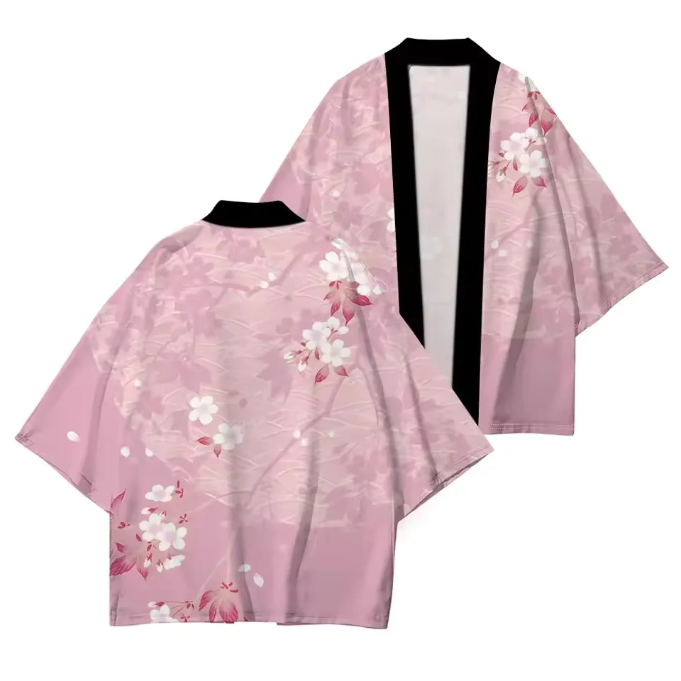 Wave red sun pattern Yukata Men Women Cardigan Loose Blouse Haori Obi Asian Clothes Harajuku Japanese Kimono Shirt