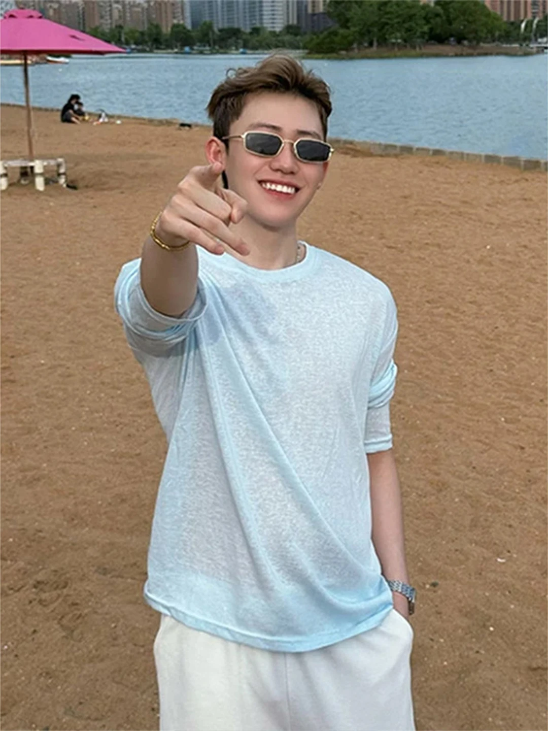 Loose Fit Long Sleeve Ice Silk T-Shirt Men's Summer Thin Style Lazy Casual Shirt Vacation Style Sun Protection Cover up