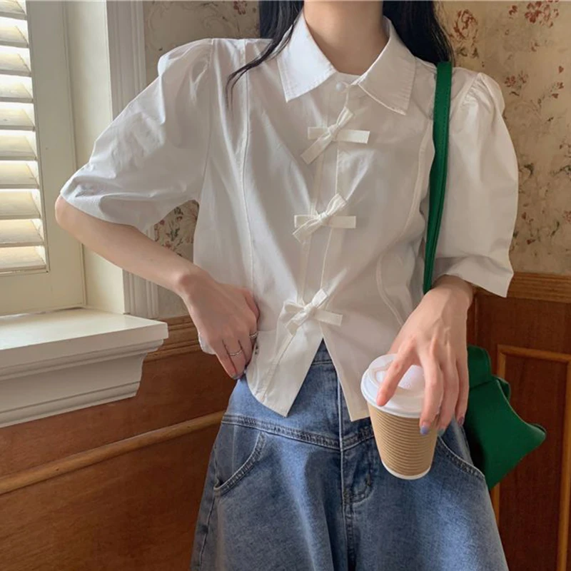 MEXZT Y2K Sweet White Shirts Women Preppy Bow Puff Short Sleeve Chic Blouses Student Summer Korean Solid Loose Casual Crop Tops