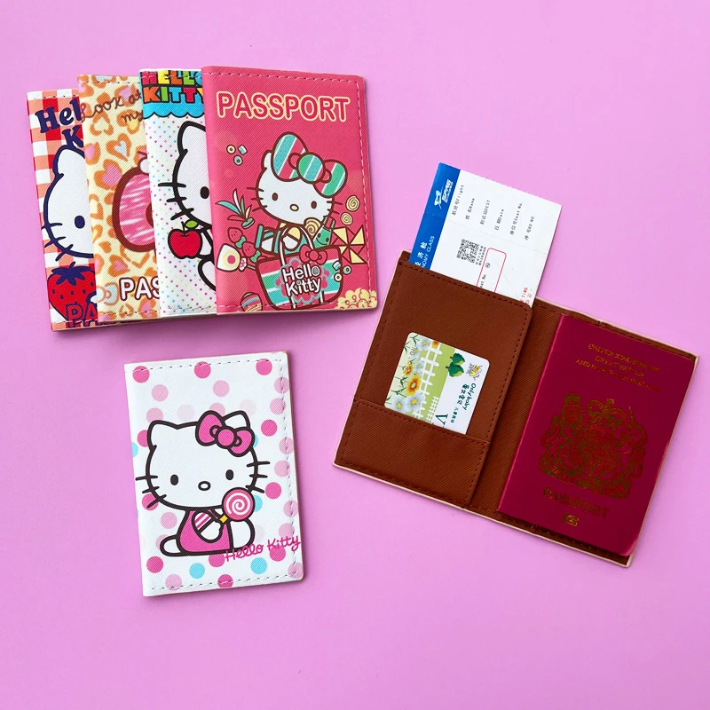 Cartoon HELLO KITTY Travel Passport Cover Wallet Unisex Business Multifunction Credit Card Purse Women\'s Organizer Passport Case