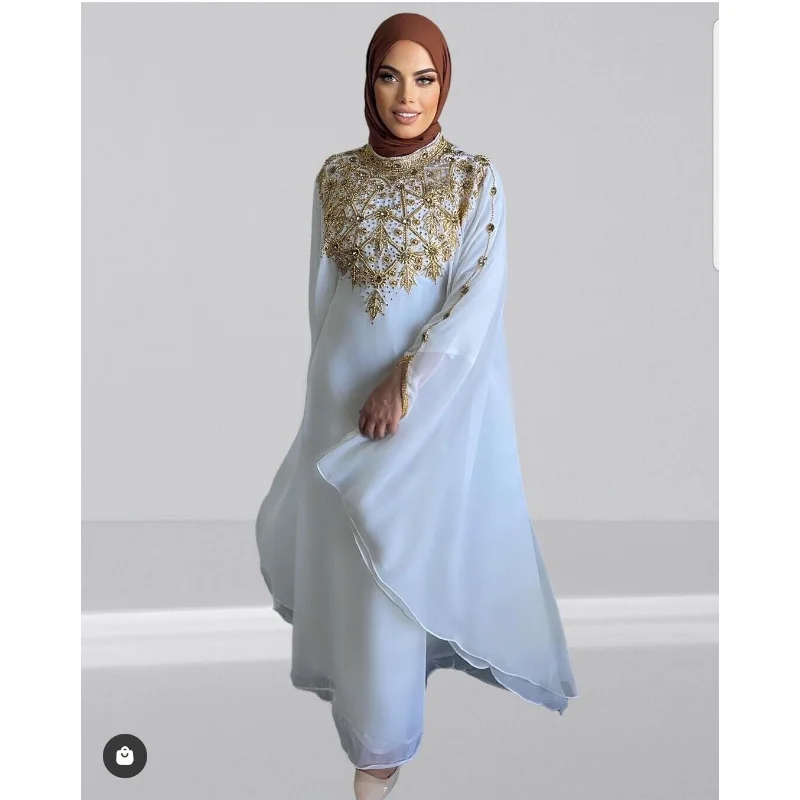 

Off White Royal Dubai Kaftan Abaya African Beaded Arab Party Floral Abaya Dress European and American Fashion Trends