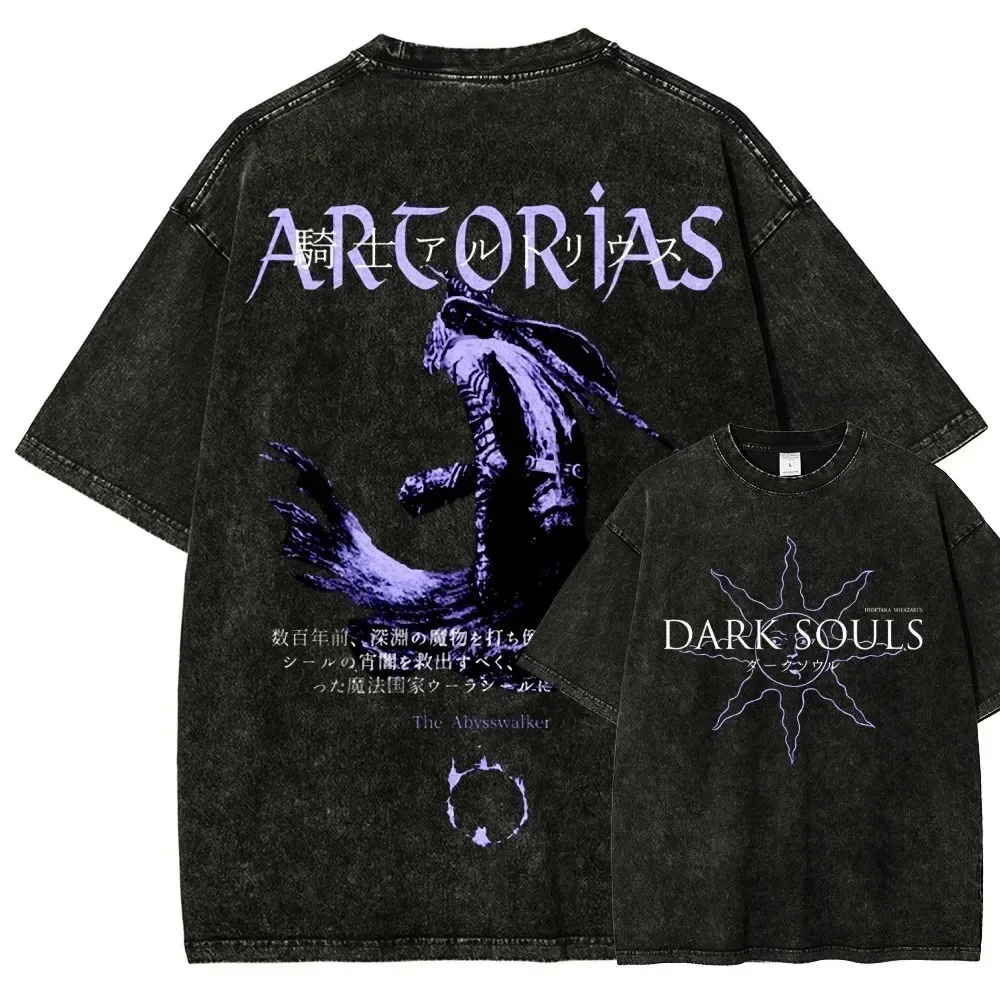 Dark Souls Washed T-Shirt, Personalized Apparel, Four-Season Loose Fit, Unisex Y2K Short Sleeve, Classic Casual Style