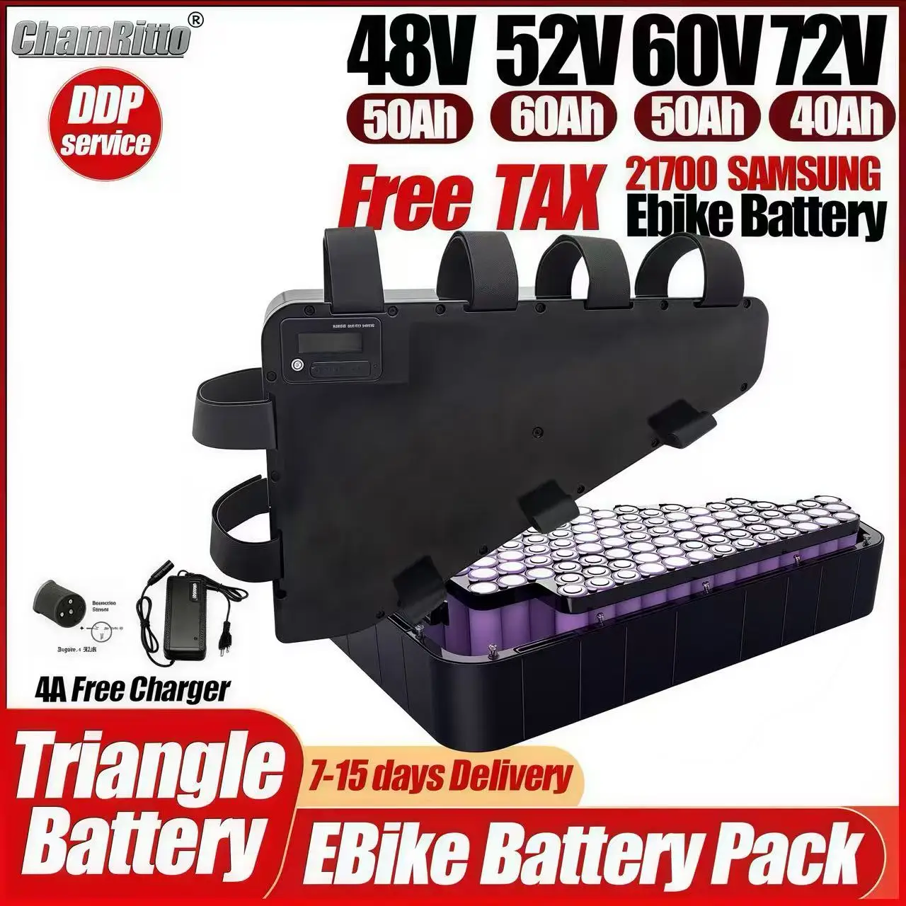 

36 В 48 В 52 В 60 В 72 В Электрический велосипед chamrider Треугольный аккумулятор 30ah 40ah 50ah 60ah ebike 1000w2000w 3000w 21700 литиевая батарея