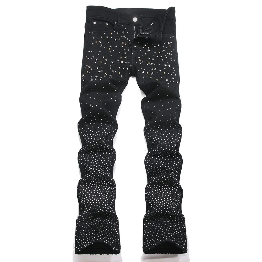

Men's Rivet Crystal Denim Jeans Punk Rhinestone Slim Boot Cut Stretch Pants Trendy Black Flared Trousers
