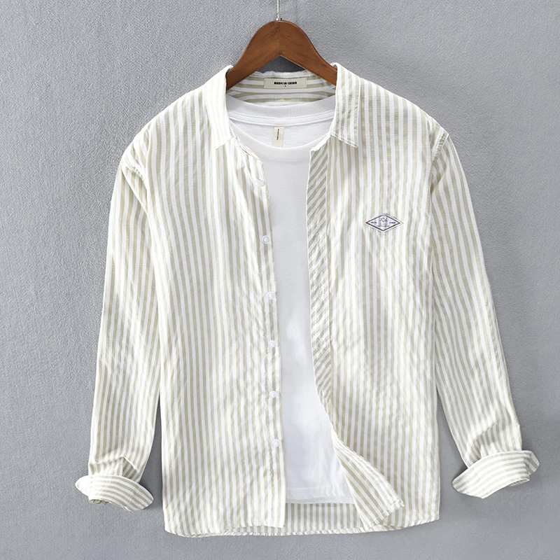

Retro Japanese Sle Striped Long Sve Men's irt Spring Autumn Loose Casual Fre Sle Outerwear irt Button up